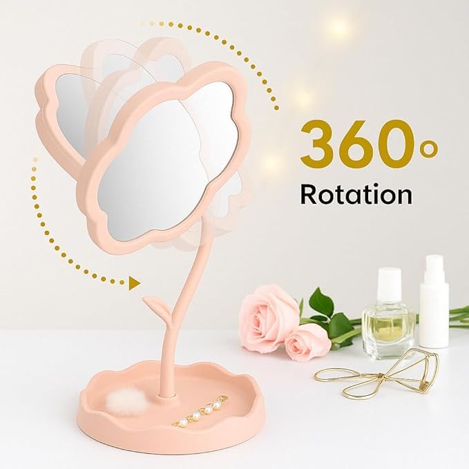 Cute Flower-Shaped Makeup Mirror – Rotating Vanity Mirror with Tray | Ziffle