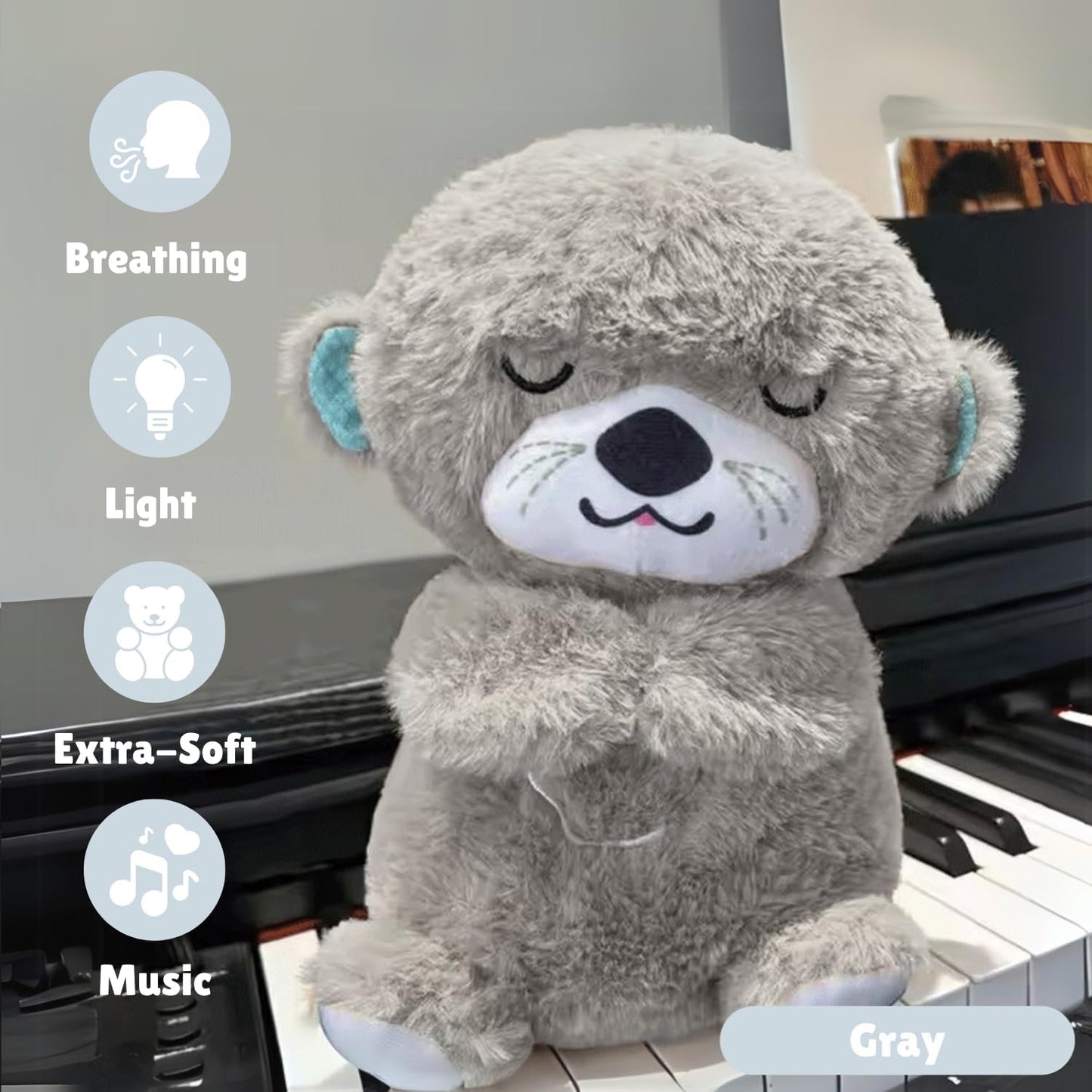 Breathing Teddy Otter Sleep Aid – Sensory Plush with Music & Light (Grey)