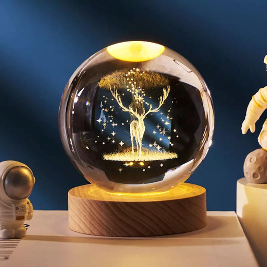 3D Deer Crystal Ball Night Lamp – LED USB Light with Wooden Base for Home & Gifting