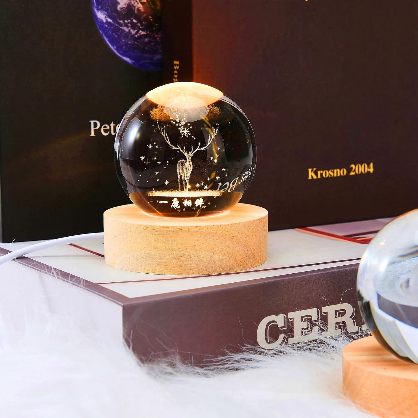 3D Deer Crystal Ball Night Lamp – LED USB Light with Wooden Base for Home & Gifting