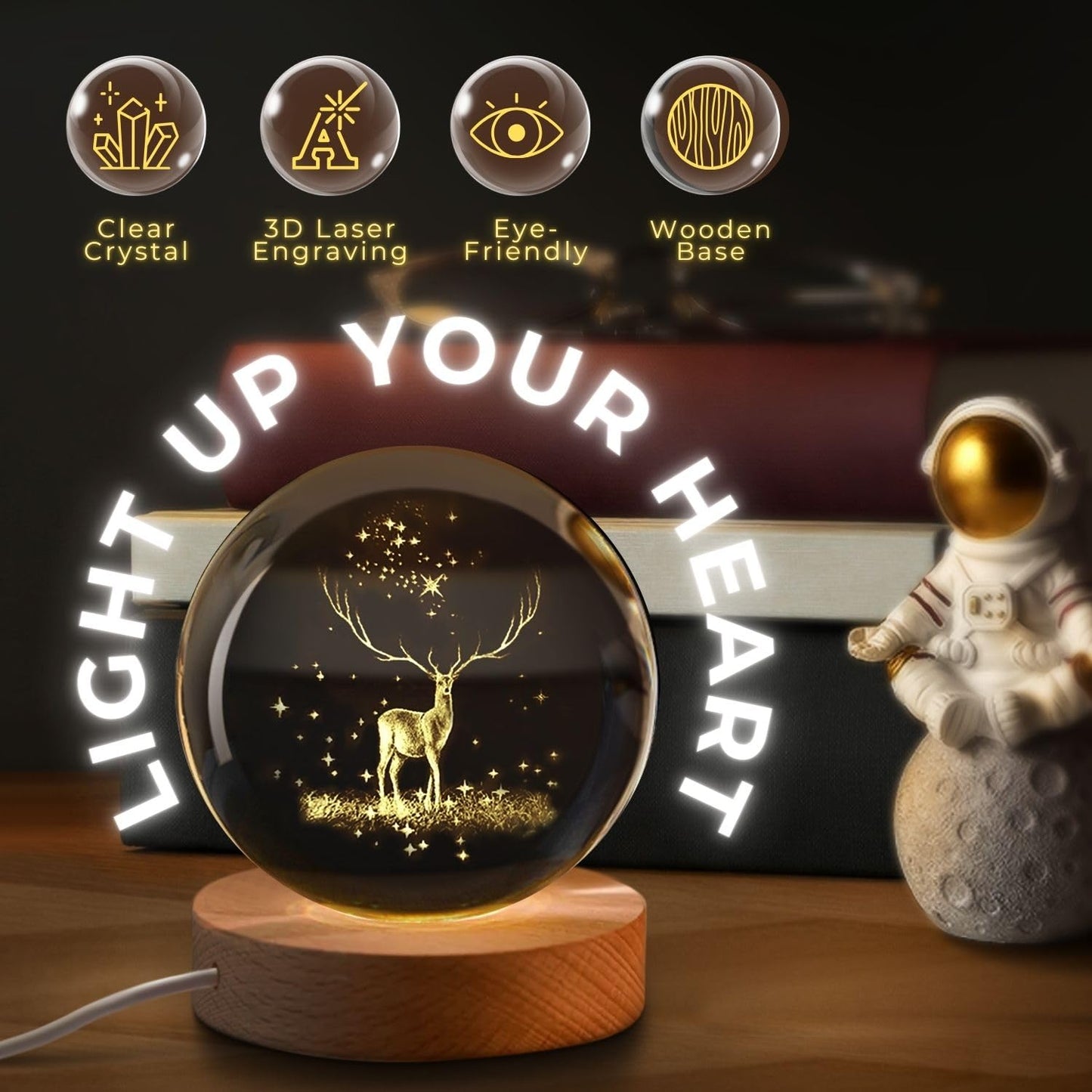 3D Deer Crystal Ball Night Lamp – LED USB Light with Wooden Base for Home & Gifting