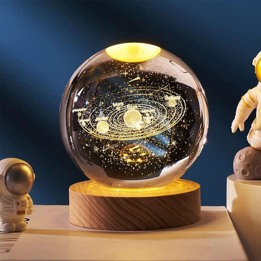 3D Galaxy Crystal Ball Night Light – LED Engraved Glass Planet Lamp with USB Wooden Base | Aesthetic Room Decor & Gift