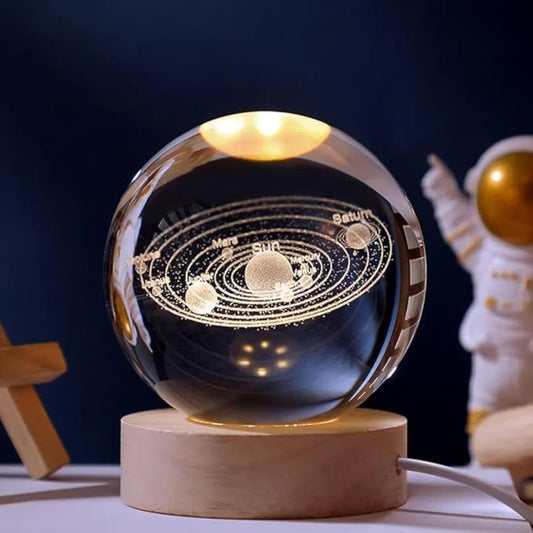 3D Galaxy Crystal Ball Night Light – LED Engraved Glass Planet Lamp with USB Wooden Base | Aesthetic Room Decor & Gift