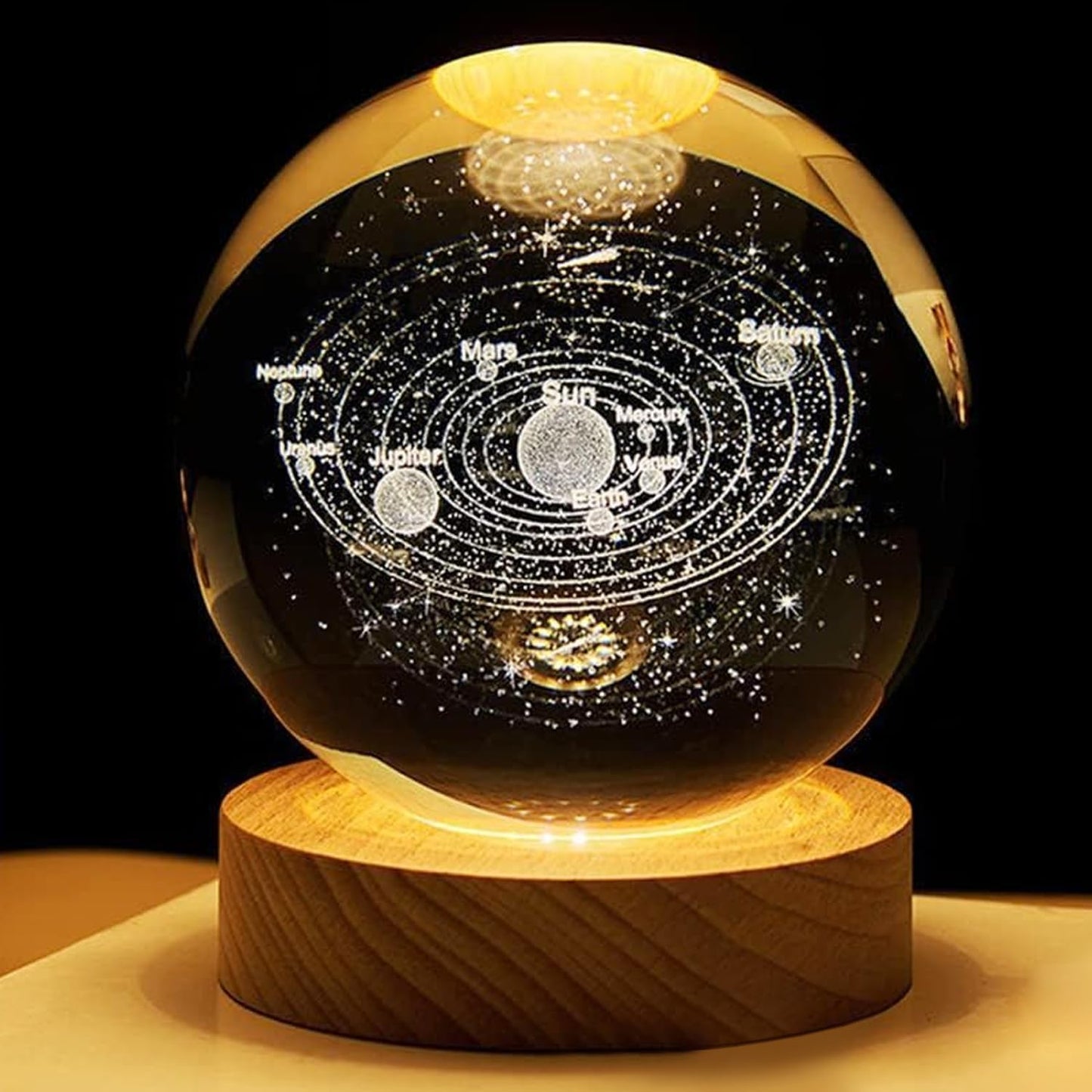 3D Galaxy Crystal Ball Night Light – LED Engraved Glass Planet Lamp with USB Wooden Base | Aesthetic Room Decor & Gift