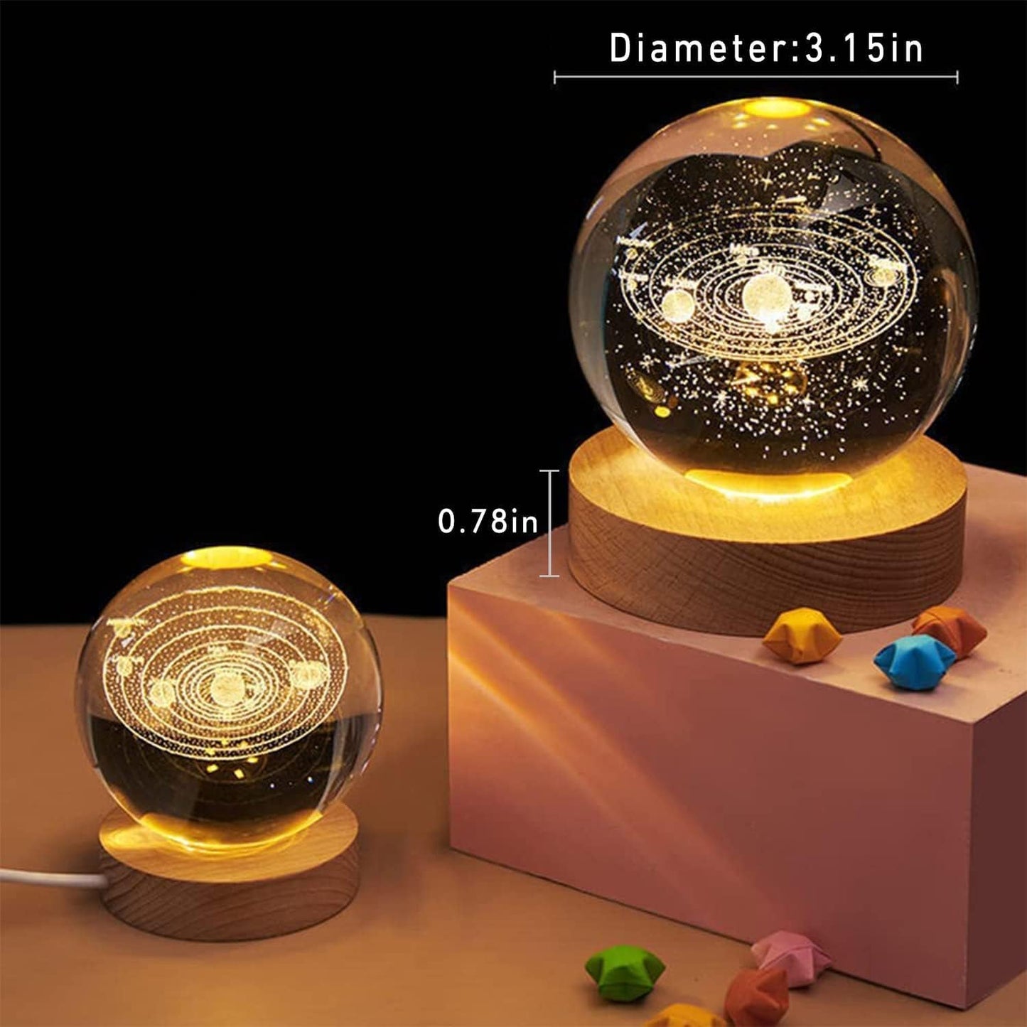 3D Galaxy Crystal Ball Night Light – LED Engraved Glass Planet Lamp with USB Wooden Base | Aesthetic Room Decor & Gift