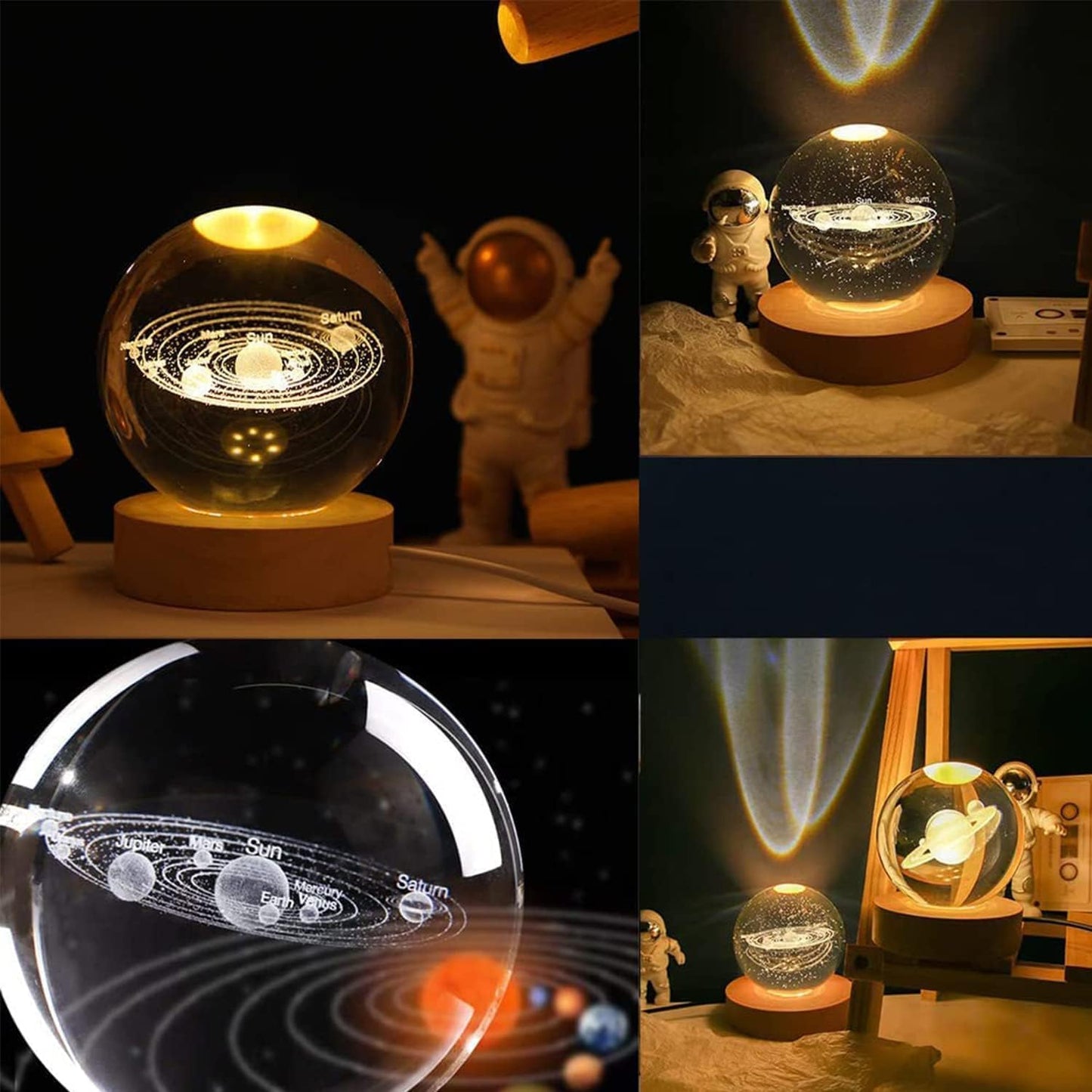 3D Galaxy Crystal Ball Night Light – LED Engraved Glass Planet Lamp with USB Wooden Base | Aesthetic Room Decor & Gift