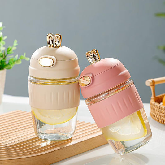 Cute Rabbit Glass Mug with Lid & Straw – 350ml Reusable Tumbler | Ziffle