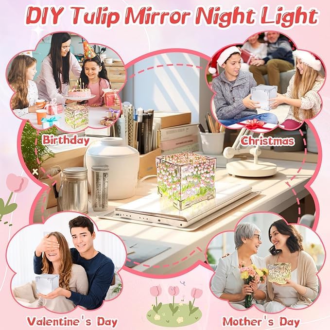 DIY Infinity Mirror Tulip LED Cube – 20 Light Flower Lamp Gift for Girls & Room Decor